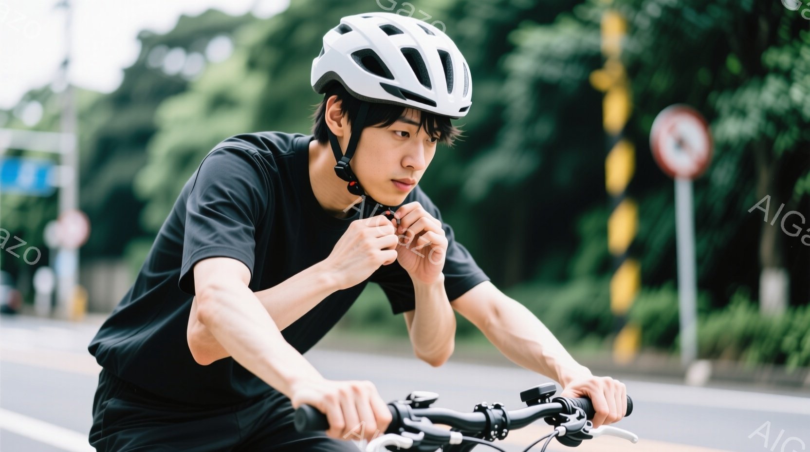 黒いサイクリングウェアを着た男性が自転車に乗っており、白いヘルメットを着用しています。彼は前かがみの姿勢でハンドルを握り、どこかを見つめているようで、やや真剣な表情を浮かべています。背景には緑豊かな木々や道路標識が見え、晴天の下、自転車道で走行している様子が伺えます。