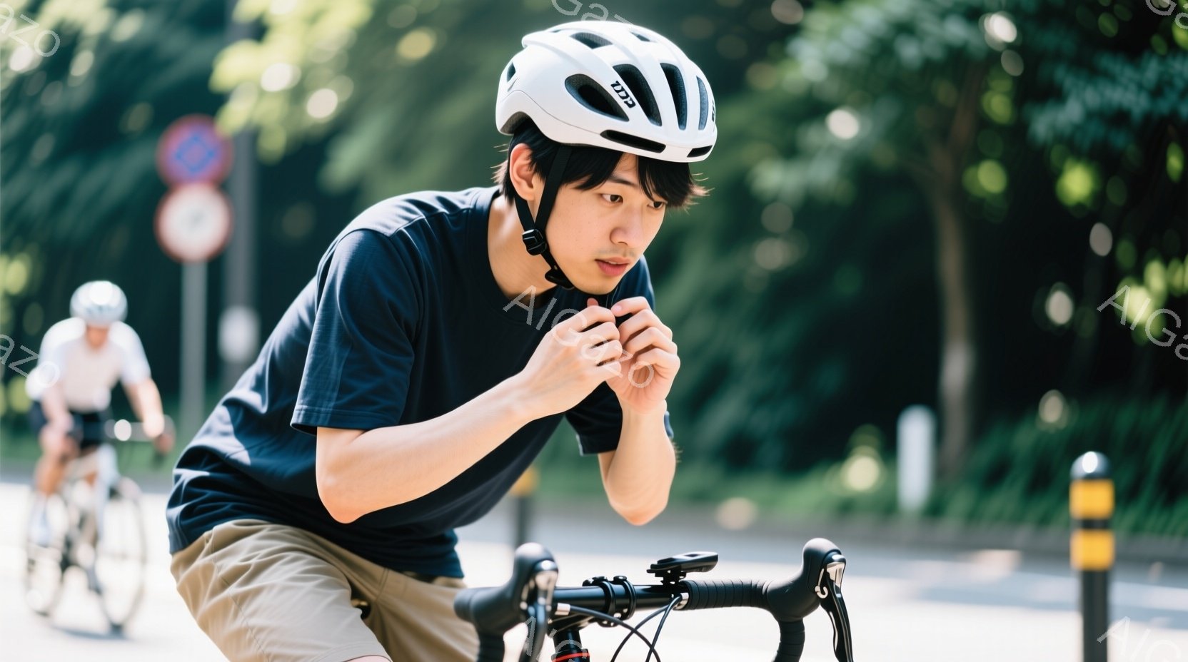 紺色のTシャツとベージュの短パンを着た男性が、ロードバイクにまたがり、ハンドルを見つめている。彼はヘルメットを着用し、真剣な表情で前方に集中しているようだ。背景には緑豊かな木々や道路標識が見え、晴天の - AI生成フリー素材