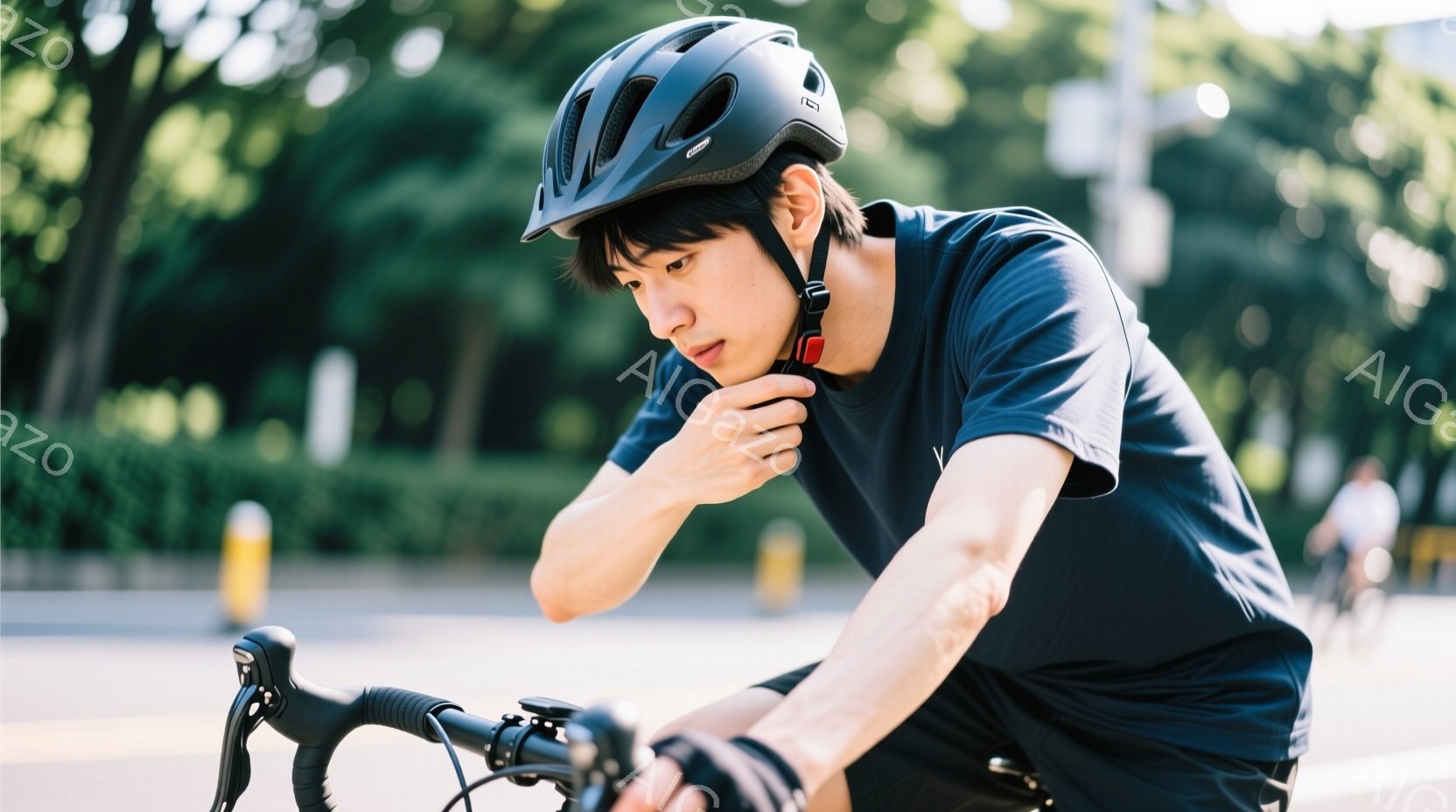 自転車に乗った男性が写っている。彼は濃い青色の半袖シャツと黒い短パンを着ており、ヘルメットを着用している。彼は自転車のハンドルに手を置き、何かを確認しているかのように前方を凝視しており、表情は真剣だ。 - AI生成フリー素材