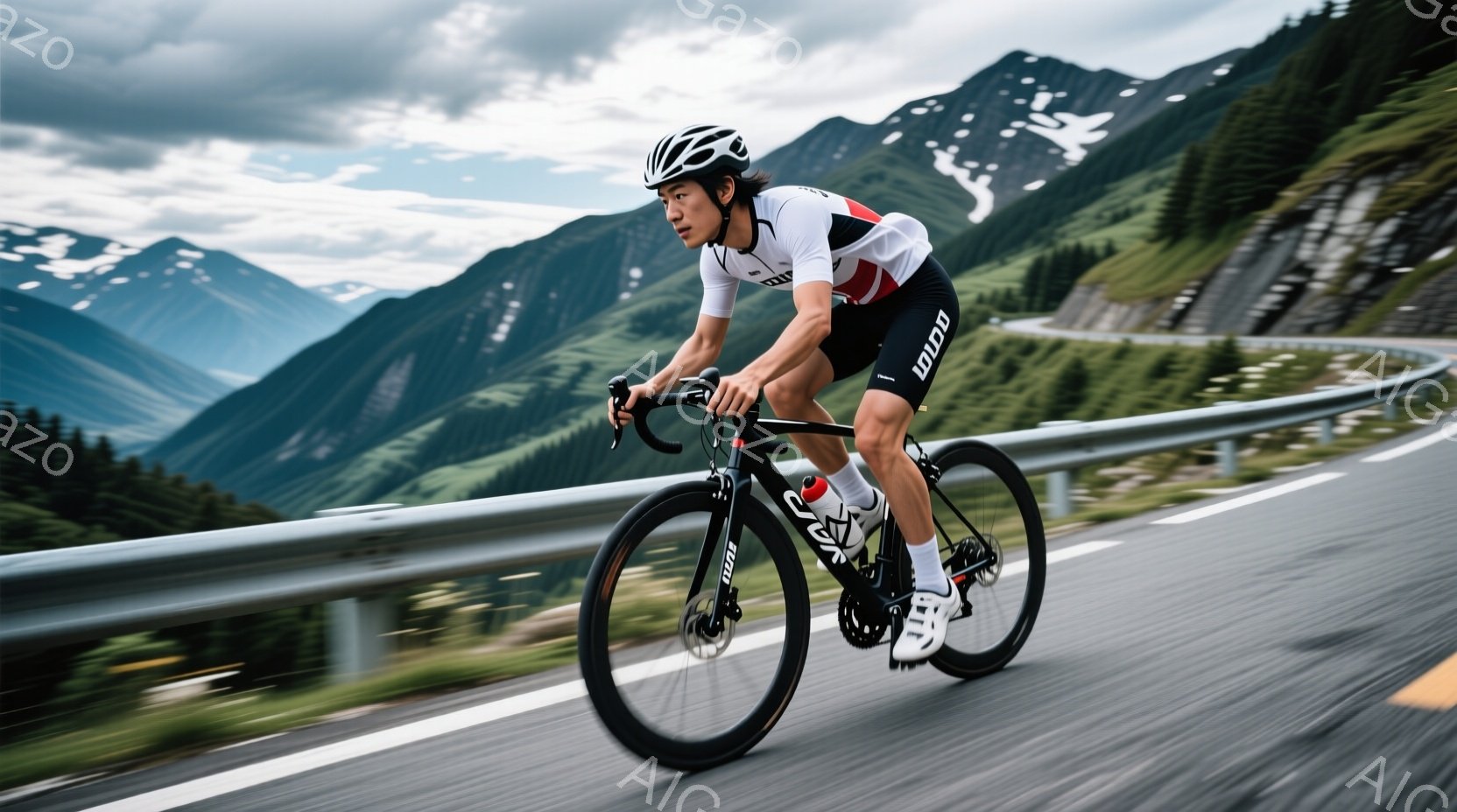 競技用のロードバイクに乗った男性が、山道を高速で走っている様子が写っている。彼は白いヘルメットを被り、黒と白のサイクリングウェアを着用し、真剣な表情でハンドルを握っている。背景には、緑豊かな山々が広が - AI生成フリー素材