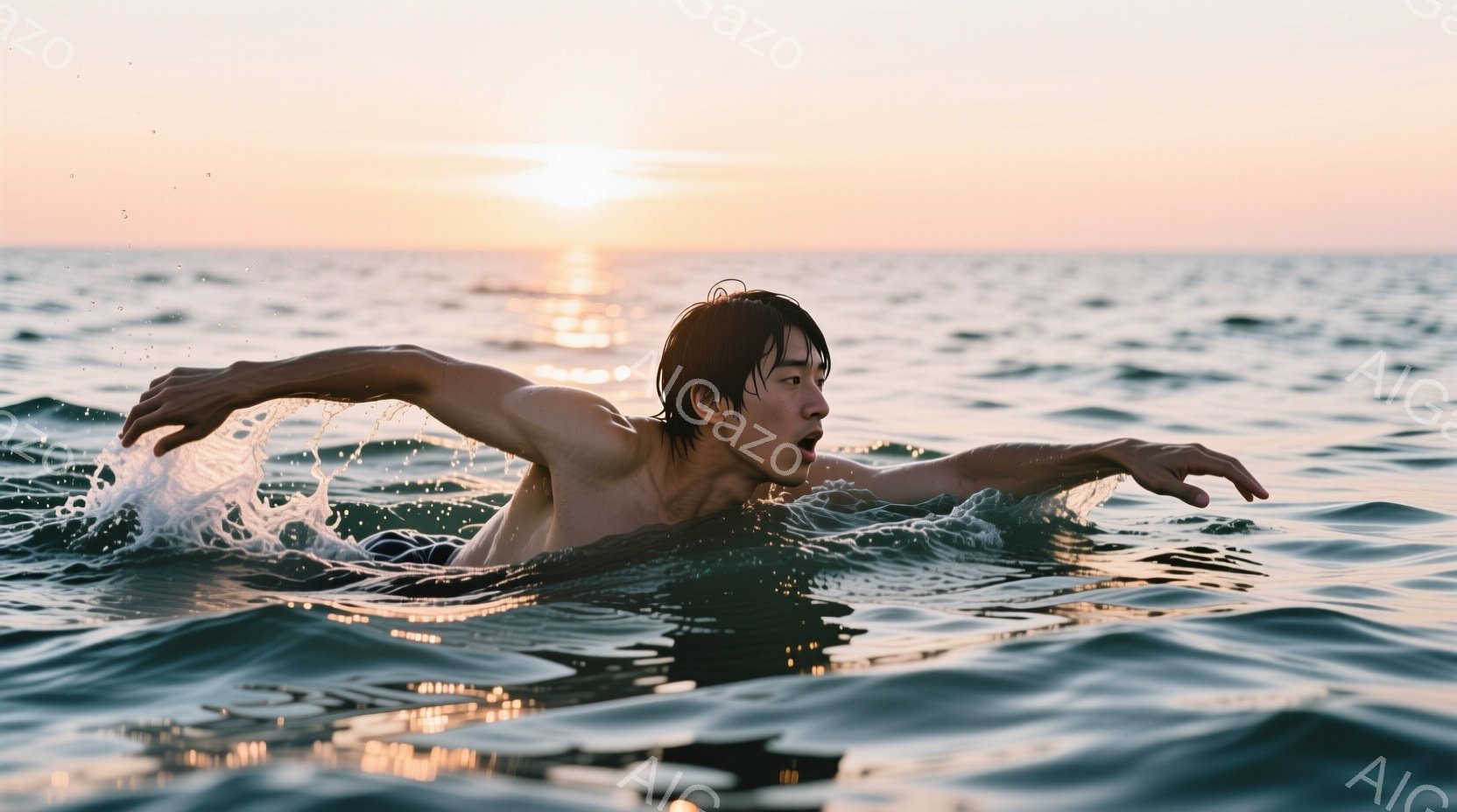 水泳選手が海中でクロールで泳いでいる様子が捉えられています。彼は上半身裸で、濡れた短い黒髪が額にかかっています。背景には夕焼けが広がり、海面は穏やかで、波がわずかに立っています。