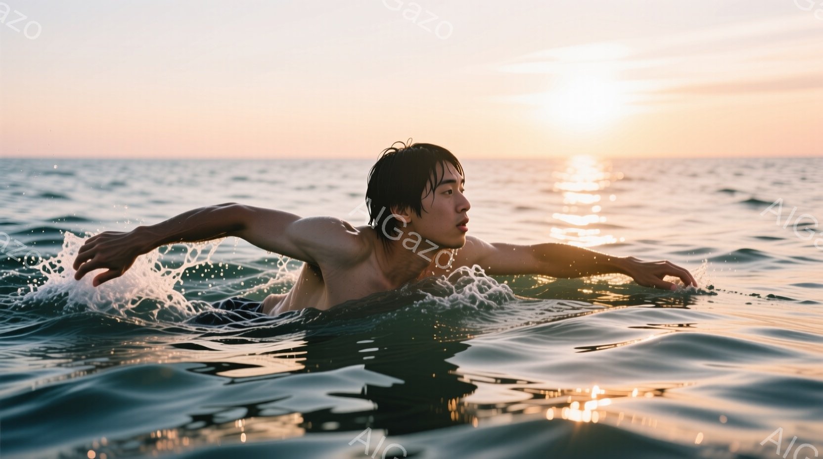 水中でクロール泳ぎをする男性が写っている。彼は上半身裸で、濡れた黒髪が額にかかっている。夕焼けの光が水面を照らし、穏やかで静謐な雰囲気を醸し出している。 - AI生成フリー素材