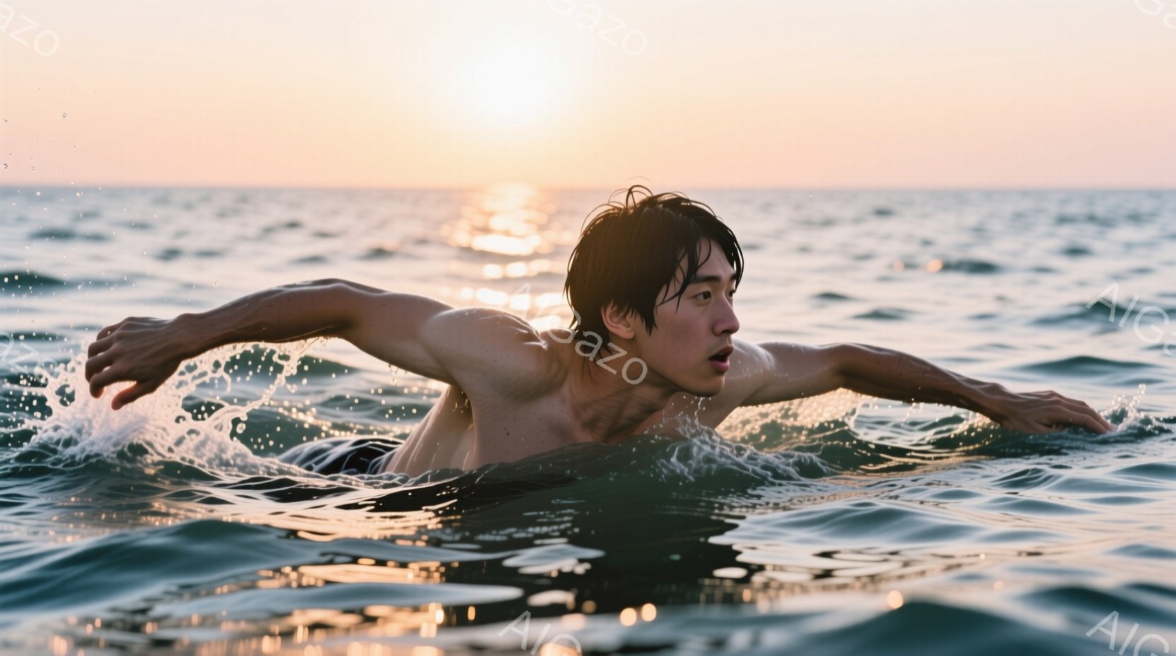 浅瀬の海で泳いでいる男性が写っている。彼は上半身裸で、黒髪が濡れて額にかかっている。表情は真剣で、力強く腕を伸ばして水を掻いている様子から、全力で泳いでいることがわかる。