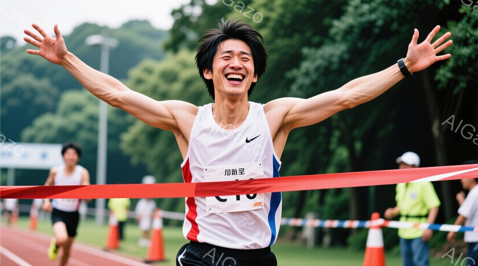 競技場を疾走する男性ランナーが、両手を大きく広げ、満面の笑みを浮かべてゴールテープを切っています。彼は白と赤と青のストライプが入ったランニングシャツと黒のショーツを着用し、短髪で、額には汗が光っていま - AI生成フリー素材