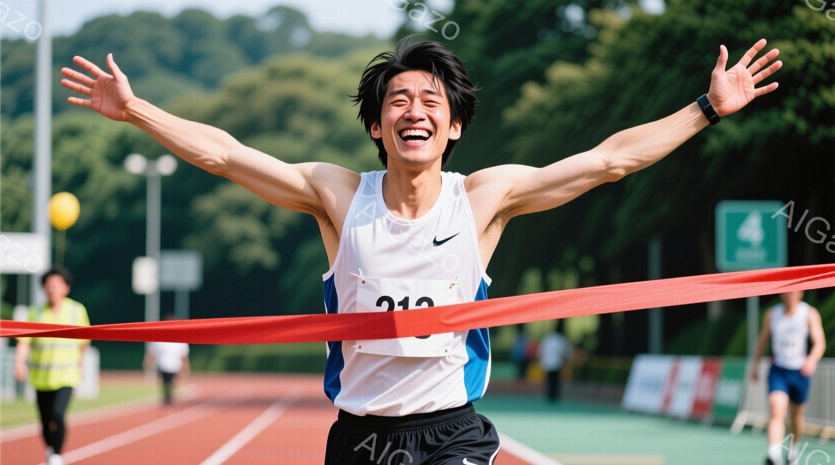 白いタンクトップと黒いショーツを着用した若い男性が、フィニッシュラインを駆け抜けて両手を大きく広げて喜んでいます。彼の髪は短く、顔には勝利の笑顔が浮かんでいます。背景には緑豊かな木々や観客席が見え、晴 - AI生成フリー素材