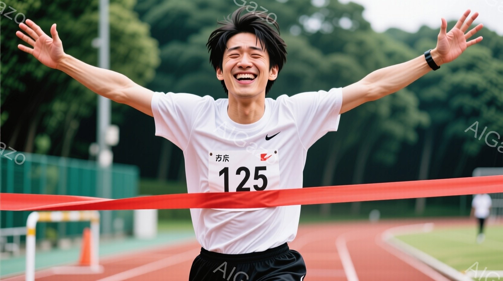若い男性が競技トラックでフィニッシュラインを突破しており、両腕を大きく広げて歓喜している様子が伺える。白のランニングシャツには「RUN」の文字と数字の「125」がプリントされており、黒の短パンを履いて - AI生成フリー素材
