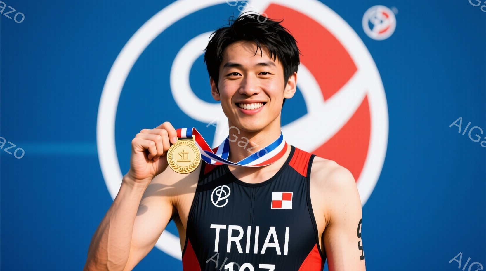 この男性は黒と赤のタンクトップを着ており、胸には日本の国旗と「TRIATL」という文字、背中には数字の「107」が書かれています。彼は金色のメダルを首から下げ、満面の笑顔でカメラを見つめており、健康的 - AI生成フリー素材