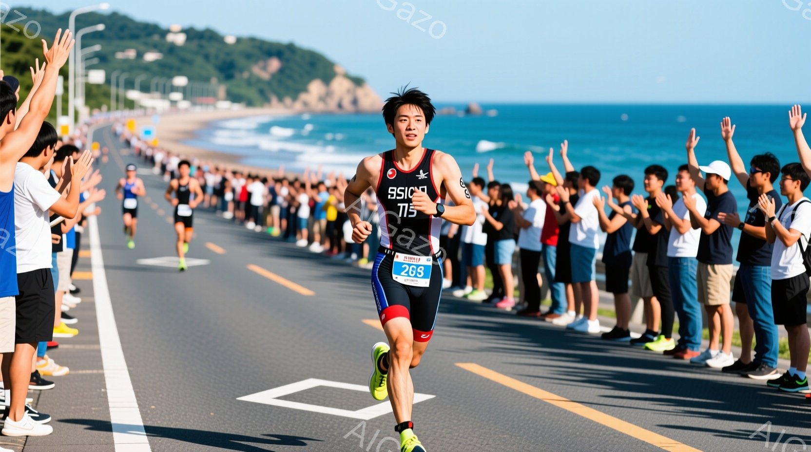 競技者は、トリアスロン用のスーツ（黒、赤、白）を着て、コースを力強く走っている。彼の髪は短く、顔は集中と決意に満ちている。背景には青い海と観客席が広がり、コースの脇には多くの観客が手を振って応援してい - AI生成フリー素材