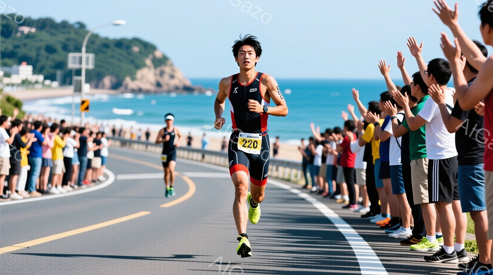 男性のトライアスロン選手が、アスファルトの道路を力強く走っている様子が写っている。彼は黒いトライアスロンスーツ、緑色のシューズを着用し、短髪で集中した表情をしている。背景には青い海と岩場、そして沿道に沿って応援する観客の姿が見え、晴天の下、活気に満ちた競技の雰囲気が伝わる。