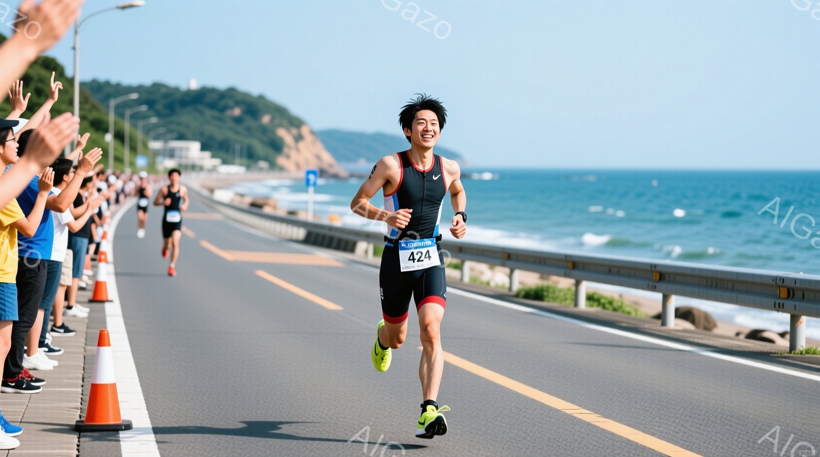 男性のランナーが海岸沿いの道路を走っている。彼は黒のトライスーツ、緑色のランニングシューズ、そして頭に黒いヘッドバンドを着用しており、表情は明るく、自信に満ち溢れている。背景には青い海、緑の丘、そして一部の建物が見え、晴天で活気に満ちた雰囲気を感じさせる。