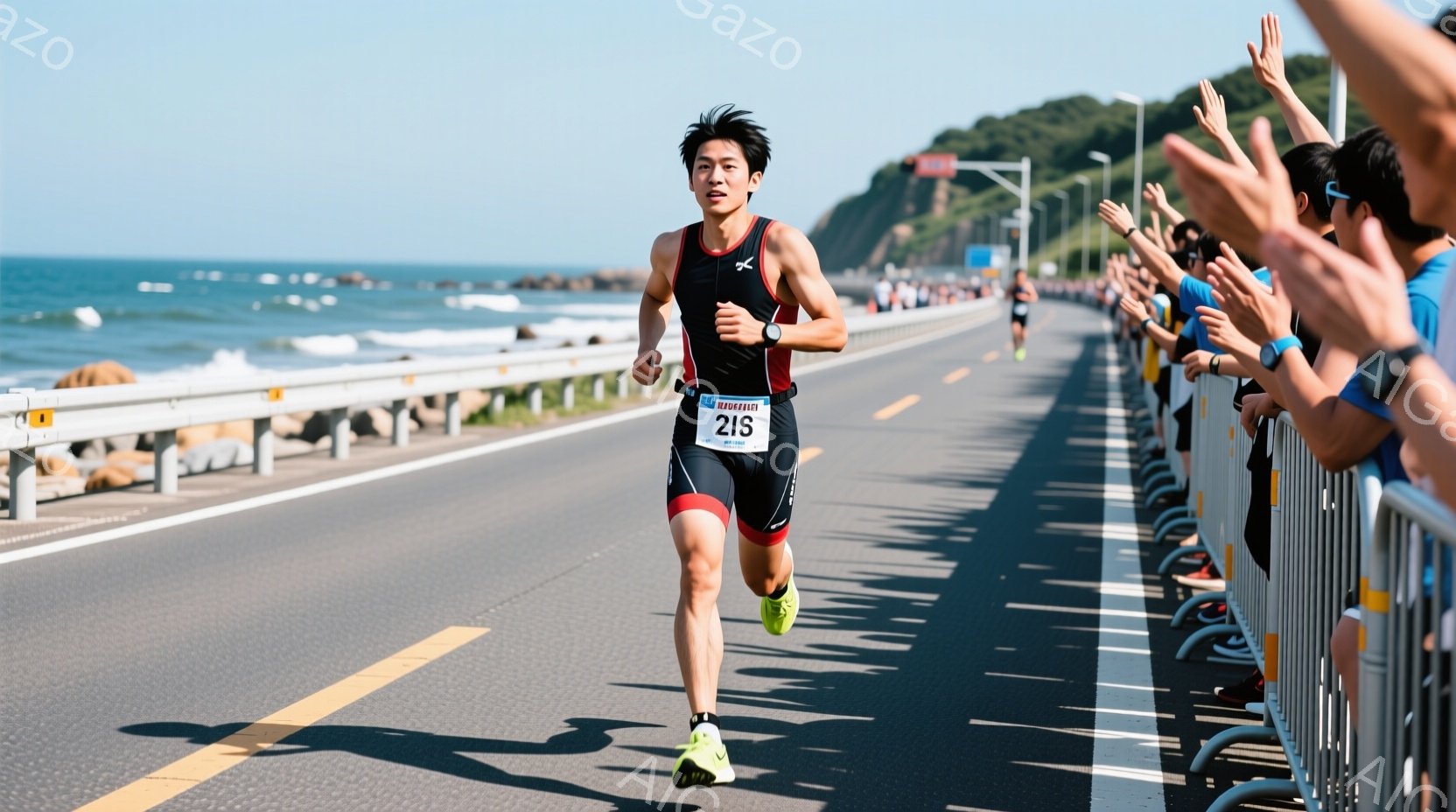 マラソン競技中の男性ランナーが写っている。彼は黒のトライスーツと緑のランニングシューズを着用し、前髪を少し長めに残した髪型で、集中した表情で前を見据えている。背景には青い海と海岸線、そして沿道の観客が - AI生成フリー素材