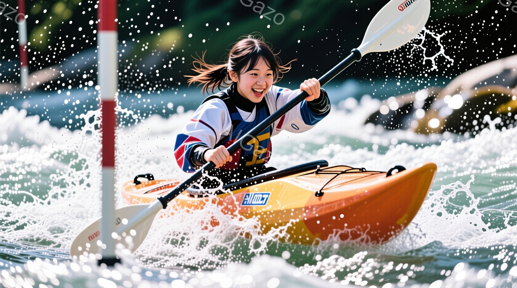 カヤックに乗った女性は、水しぶきを上げながら激しく漕いでいる。彼女は赤、白、青のストライプが入った長袖のシャツと黒のズボンを着用し、髪は後ろでポニーテールに結ばれている。背景には緑豊かな自然と水面があり、晴天の下で活気に満ちたスポーツの瞬間を捉えている。