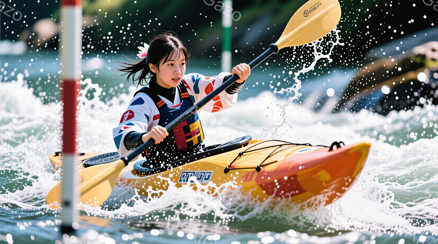 カヤックに乗った女性アスリートが、水しぶきを上げながら力強く漕いでいる様子が写っている。彼女は鮮やかな青と赤の柄が入ったカヤックウェアに、髪を後ろで一つにまとめている。背景には水面と、ぼんやりと見えるポールがあり、競技中の活気ある雰囲気が伝わってくる。