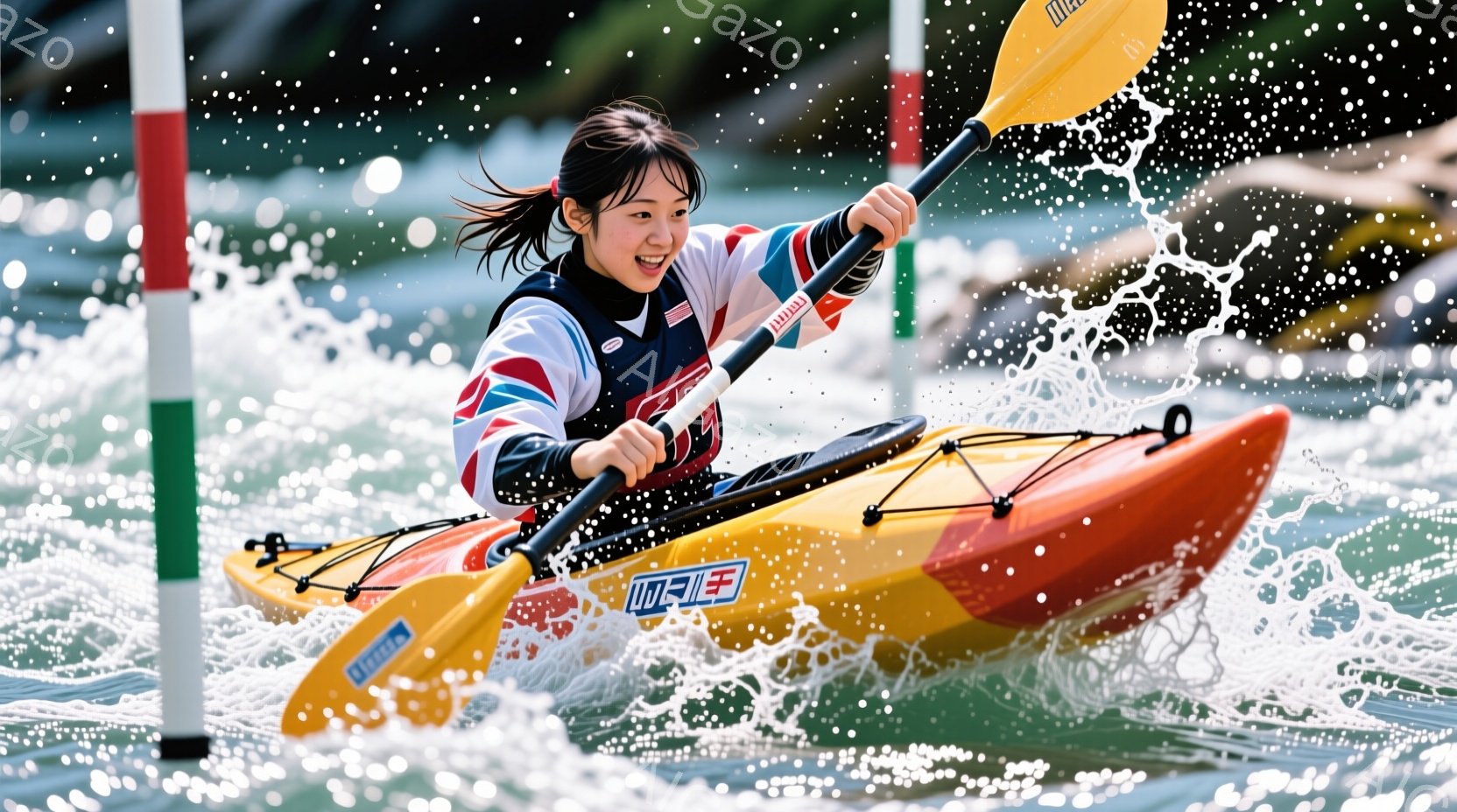 カヌー競技中の女性アスリートが写っている。彼女は赤い、白い、青いラインが入ったカヌーに乗り、片方の頬を赤らめて笑顔を見せている。背景には水しぶきとカヌー競技用のブイがあり、晴れた日の水上競技の活気ある雰囲気が伝わってくる。