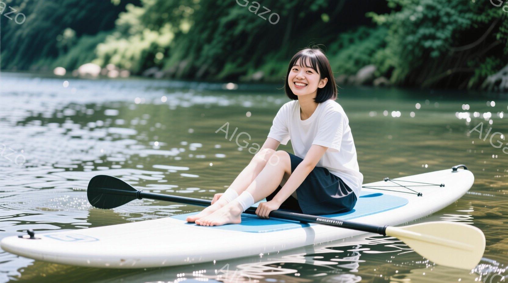 若い女性がSUP（スタンドアップパドルボード）の上に座っており、膝を曲げてリラックスした姿勢をとっています。白いTシャツと黒いショートパンツを着用し、明るい笑顔を浮かべています。背景には緑豊かな木々が - AI生成フリー素材