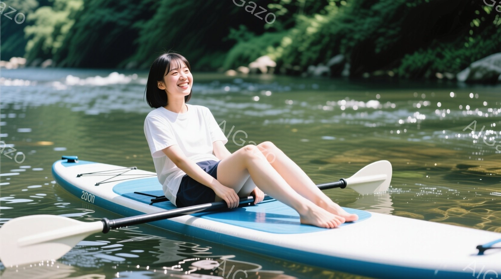 若い女性が水上をSUPボードに乗ってリラックスしています。白いTシャツと紺色のショートパンツ姿で、足はむき出しになり、笑顔を見せています。背景には緑豊かな木々と水面が広がり、晴れた日の穏やかな雰囲気が - AI生成フリー素材