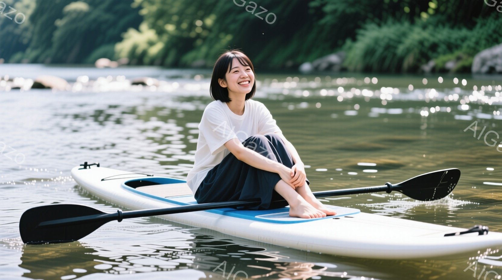 女性がSUP（スタンドアップパドルボード）の上でリラックスして座っている様子が写っています。彼女は白いTシャツと濃い色の短いズボンを着用し、素足でボードに座っています。背景には穏やかな水面と緑豊かな自 - AI生成フリー素材