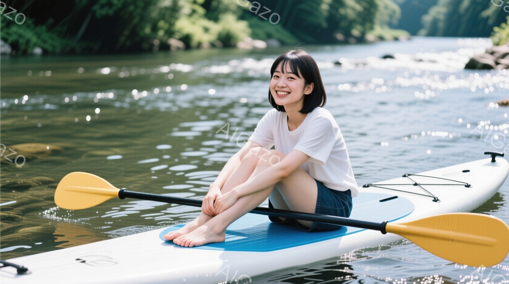 若い女性がサップボードに座り、笑顔を見せています。白いTシャツとジーンズのショートパンツを着用し、素足です。背景は水面と緑豊かな木々で、晴れた日の穏やかな雰囲気が漂っています。