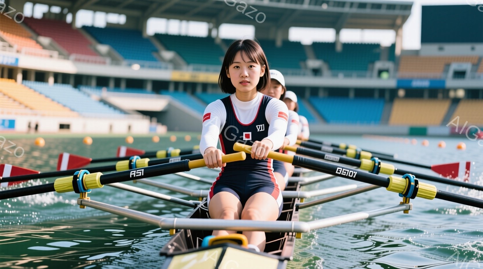 ボート競技中の女性アスリートを捉えています。彼女は黒と白のレーシングスーツに身を包み、髪を後ろでポニーテールにまとめています。集中した表情でオールを漕ぎ、水面にはボートの航跡と水しぶきが広がっており、背景には観客席と青空が見えます。