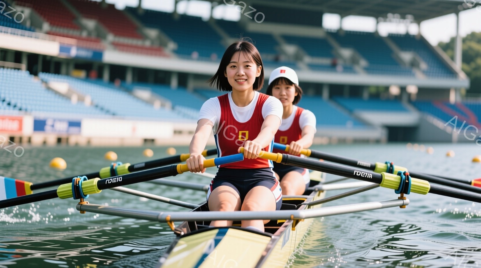 二人の女性がボートに乗って水上を力強く漕いでいる様子が写っている。彼女たちは赤いタンクトップと紺色のショートパンツを着用し、髪は後ろでまとめており、前方の女性は笑顔を見せている。背景には観客席と青空が広がり、晴れた日の競技会が行われているような、活気のある雰囲気が漂っている。