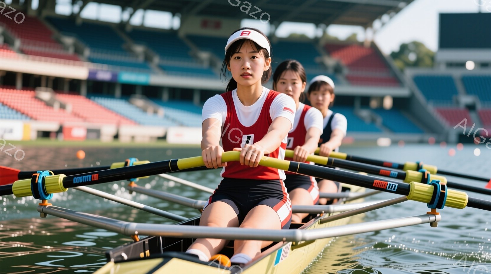 競技用のボートに乗り込んだ女性たちが、力強くオールを漕いでいる様子が写っている。彼女たちは赤いタンクトップと黒いショートパンツを着用し、白いキャップを被っている。背景には観客席が見え、晴れた空と穏やかな水面が、集中した競技の雰囲気を高めている。