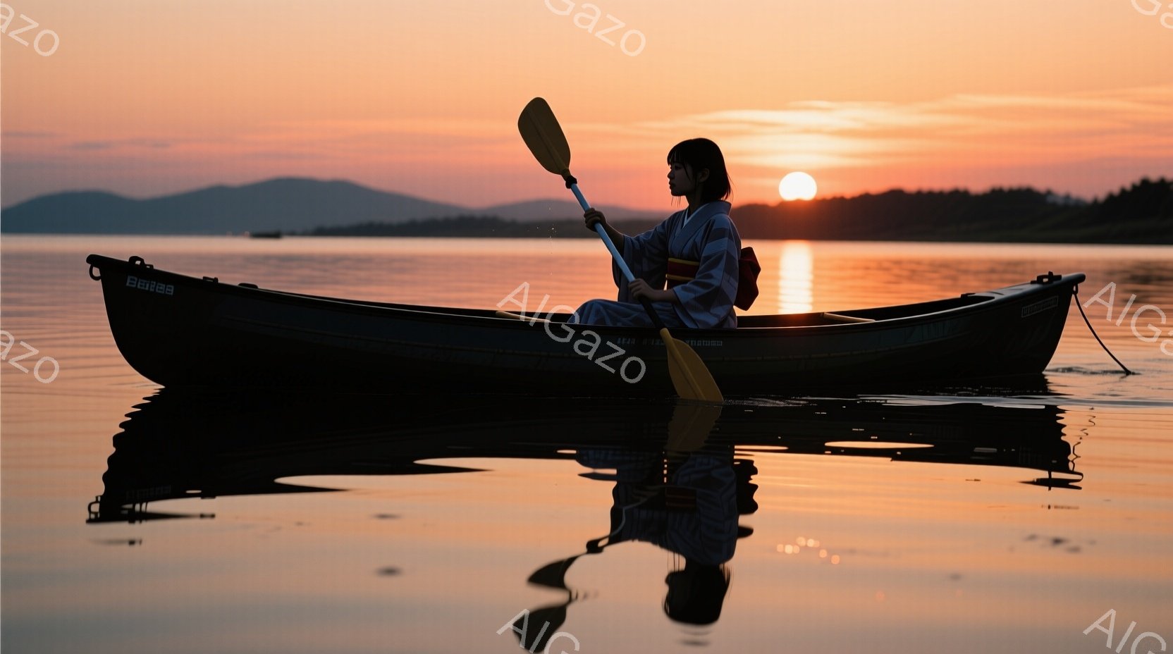 オレンジ色の夕焼けを背景に、女性がカヌーに乗って水を漕いでいる。彼女は濃い色の着物を着ており、後ろで髪を結んでいる。穏やかな水面は夕焼けを反射し、静かで平和な雰囲気を醸し出している。 - AI生成フリー素材
