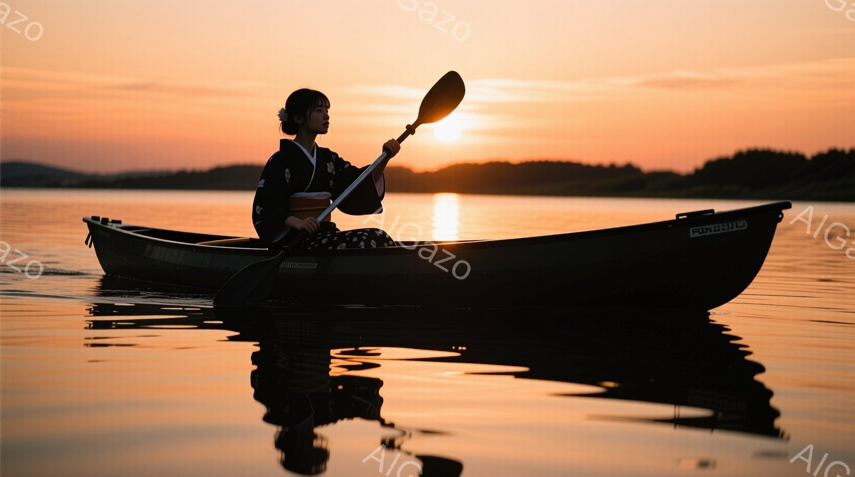鮮やかな夕焼けを背景に、和装の女性がボートを漕いでいる。彼女は黒い着物と白い帯を身につけ、髪を後ろでまとめ、穏やかな表情で前方を向いている。水面には夕焼けが反射し、ボートのシルエットが映り込み、静寂で - AI生成フリー素材