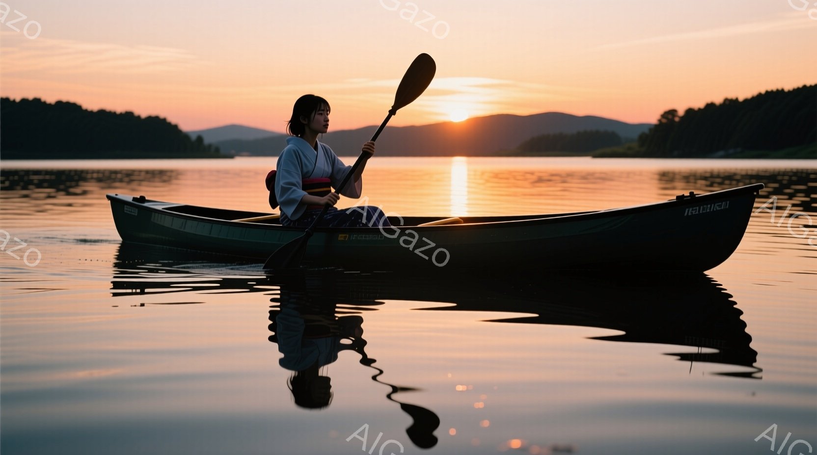 穏やかな湖面を漕ぎ進む女性が描かれている。彼女は白地に藍色の帯が締まった和服を着ており、後ろで髪を一つにまとめている。夕焼け空を背景に、水面に映る彼女のシルエットとカヌーが美しい光景を作り出している。 - AI生成フリー素材