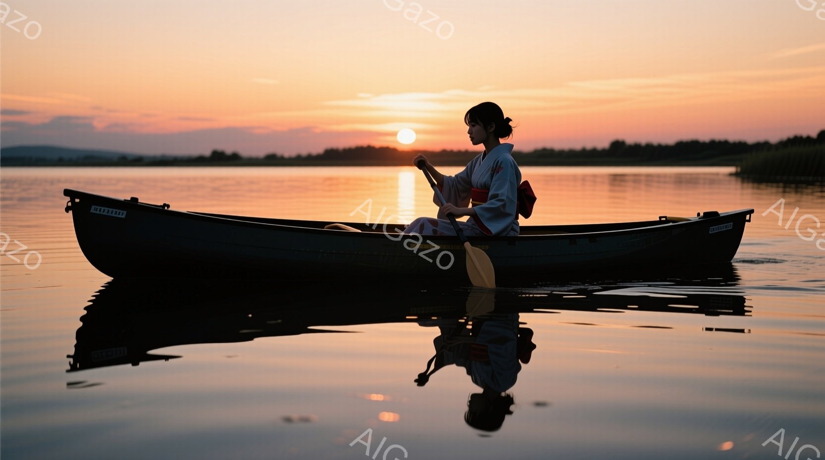 穏やかな夕暮れ時に、一人の女性がカヌーに乗って水面を進んでいる。彼女は着物を着ており、後ろでオールを操り、静かに湖上を漂っている。背景には夕焼け空と遠くの山々が広がり、水面に映るカヌーと女性のシルエッ - AI生成フリー素材
