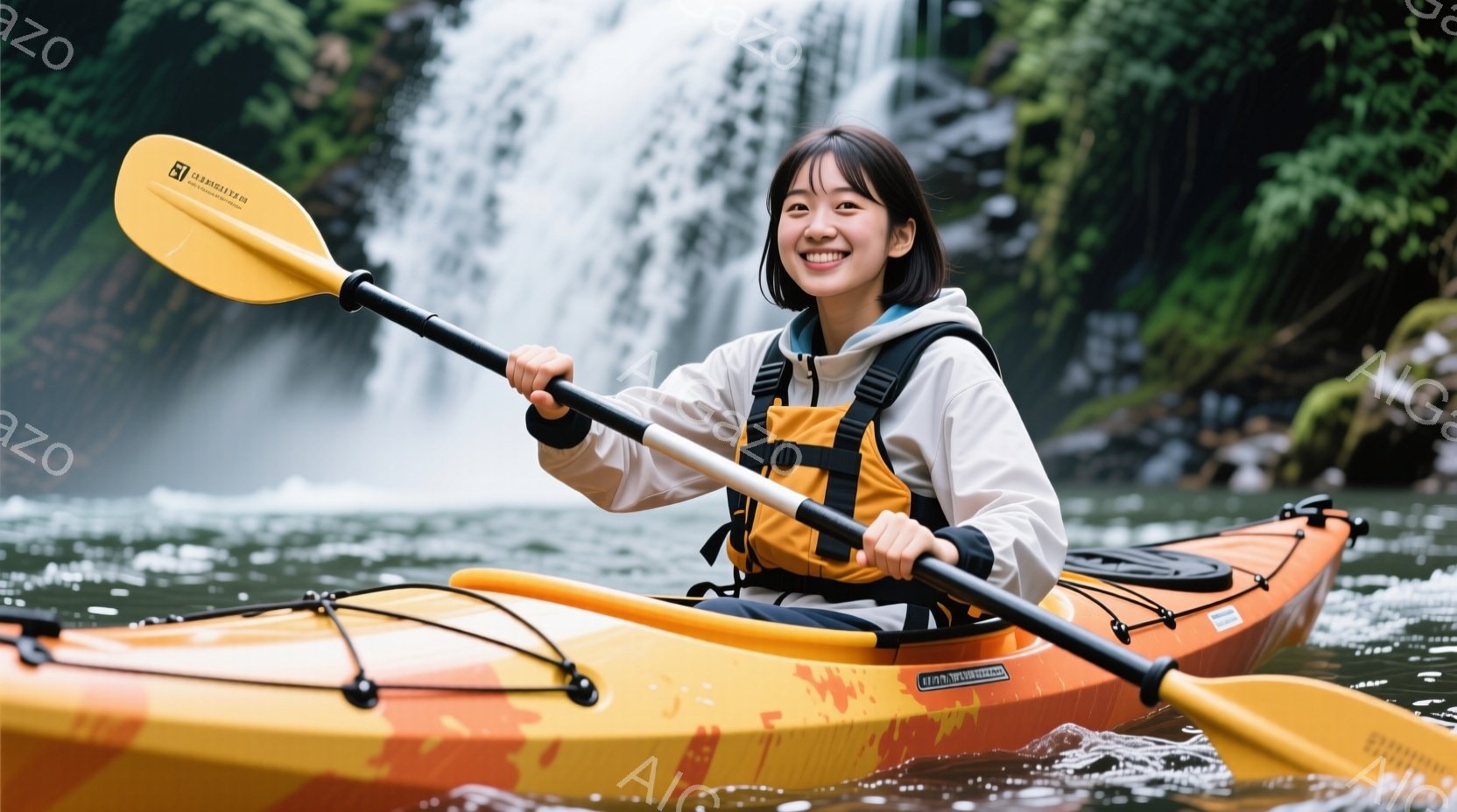 女性はオレンジ色のカヤックに乗って川を下っています。白いセーターとオレンジ色のライフジャケットを着ており、笑顔で漕ぎ手を使って推進しています。背景には緑豊かな木々と滝が見え、晴れた日の穏やかな自然の雰囲気が漂っています。