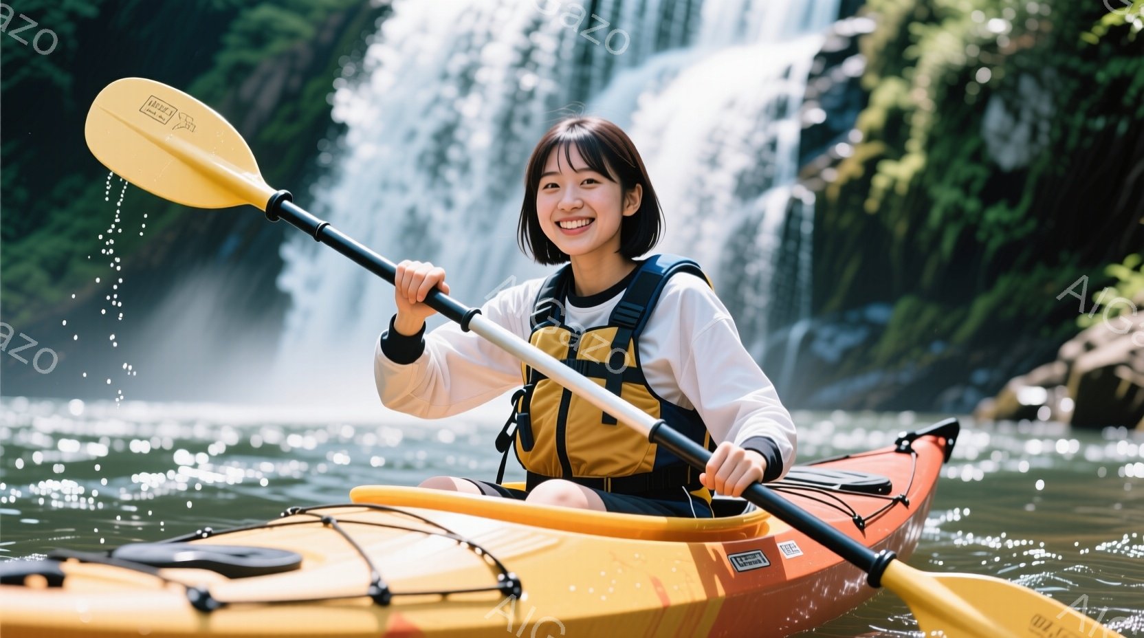 カヤックに乗った若い女性が写っている。彼女は白い長袖シャツとオレンジ色のライフジャケットを着ており、短くダークブラウンのヘアスタイルで、笑顔を浮かべている。背景には滝と緑豊かな森林があり、水面は太陽の光で輝き、穏やかで自然に満ちた雰囲気が漂っている。