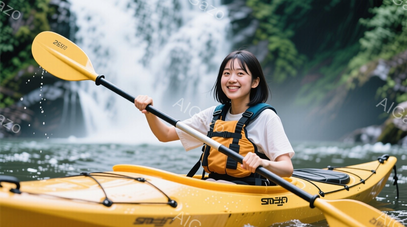 若い女性がカヤックに乗って川下りをしている様子が写っている。彼女は白いTシャツとオレンジ色のライフジャケットを着用し、短い黒髪を耳にかけるようにしている。背景には緑豊かな自然と滝が見え、水面には太陽の光が反射してキラキラと輝き、爽やかな雰囲気を醸し出している。