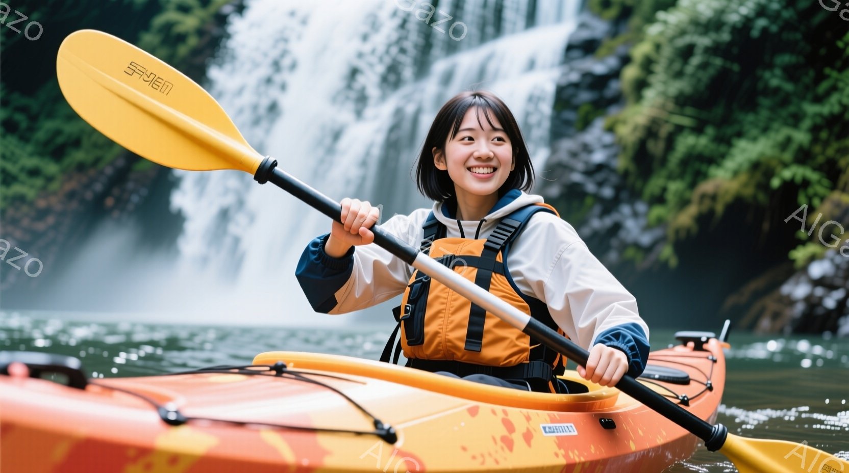 オレンジ色のカヤックに乗った女性が、川下りをしている様子が写っている。彼女は白いジャケットとオレンジ色のライフジャケットを着用し、笑顔を見せている。背景には滝が流れ落ちており、緑豊かな自然に囲まれており、晴天で穏やかな雰囲気が漂っている。