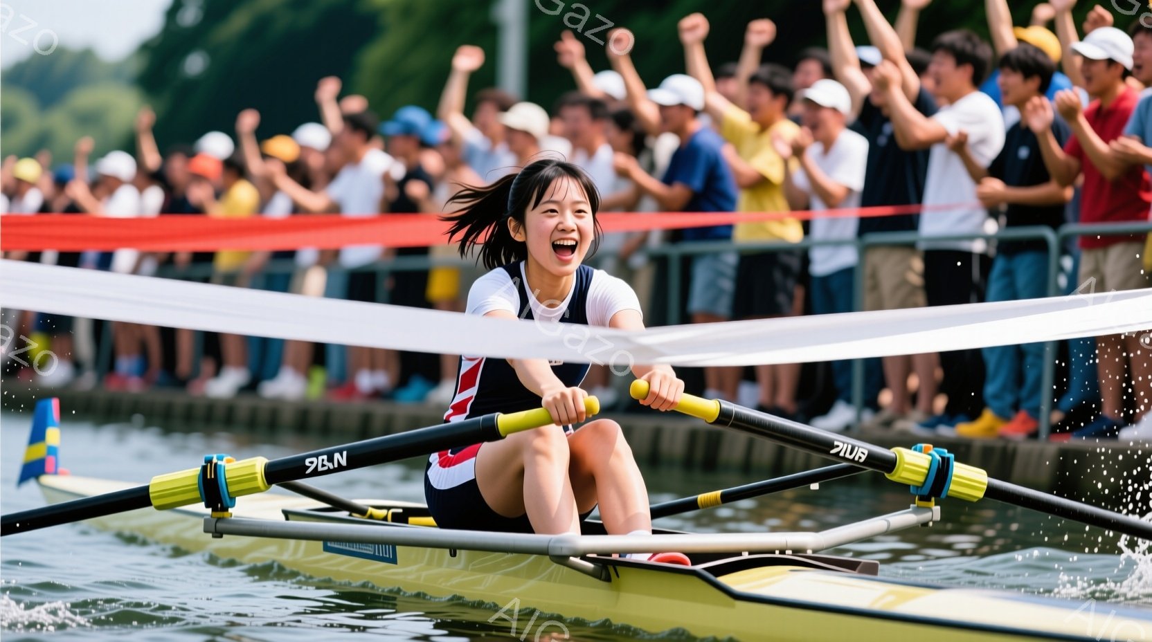 ボートに乗った女性は、興奮した表情で漕いでいる。彼女は黒いショートヘアで、赤、白、黒のレーシングスーツを着ている。背景には、観客席と緑の木々が見え、水面には波紋が広がっており、晴れた日の競技の活気ある雰囲気が伝わってくる。
