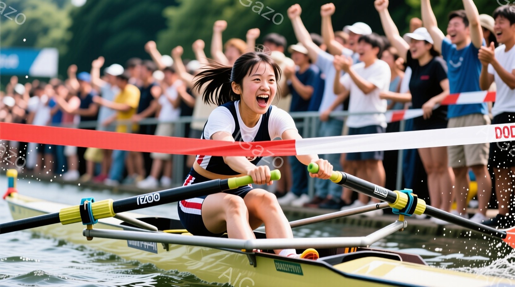 若い女性がボートの上で漕ぎ、勝利の瞬間に歓声を上げている様子が写っている。彼女は紺色のタンクトップと白いショートパンツを着用し、髪をポニーテールにしている。背景には、観客席に人が多く、晴れた日の水面で水しぶきが上がっている様子が確認できる。