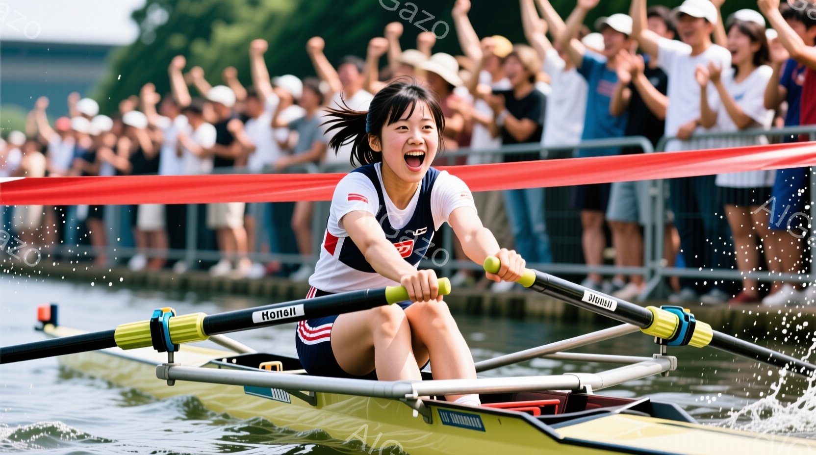 ボートに乗った若い女性が激しく漕いでいる様子が写っている。彼女は紺色のユニフォームと赤いトリムのボートを着ており、髪はポニーテールに結ばれている。背景には観客席が広がり、多くの人が手を挙げて応援しているのが見える。
