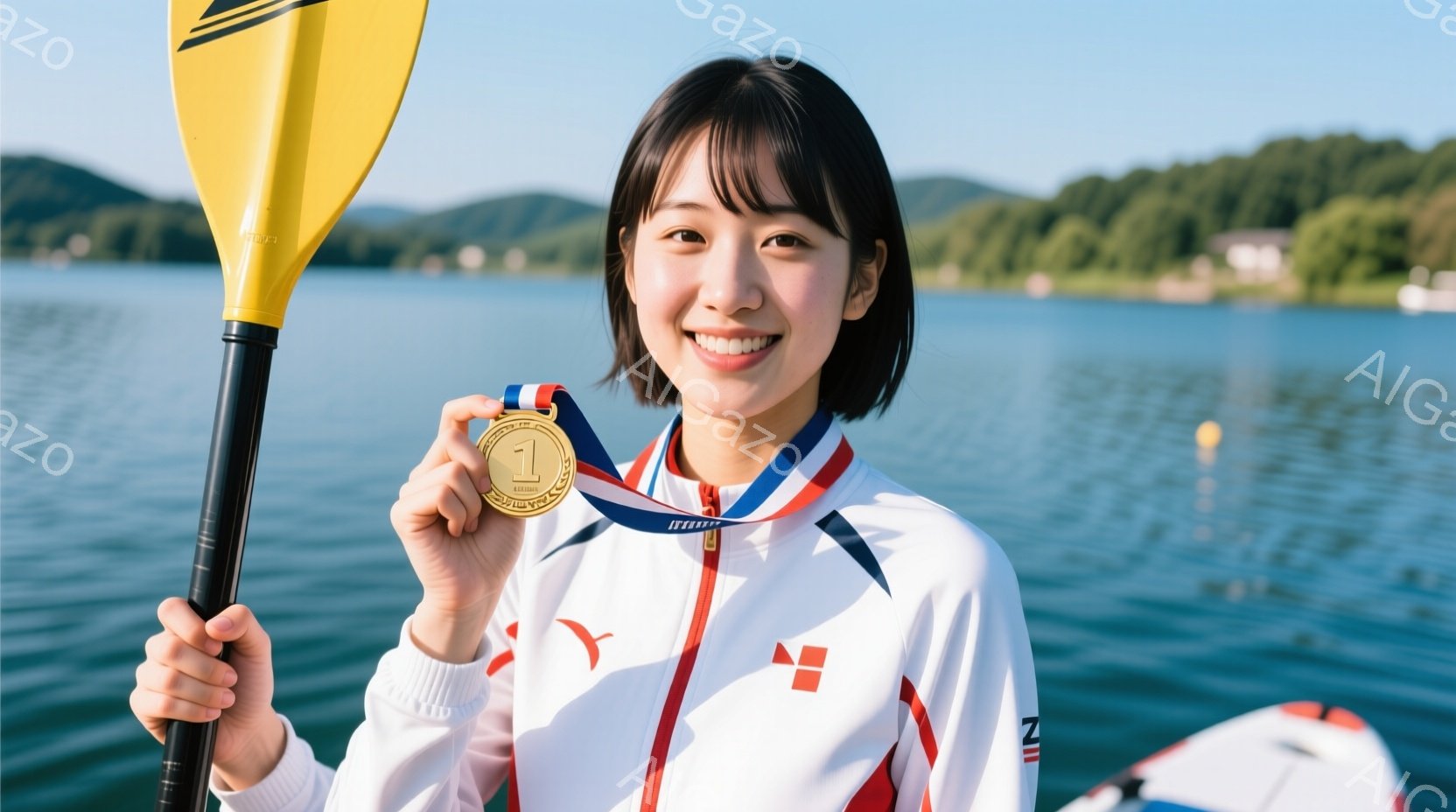 金メダルを首から下げた若い女性が写っています。彼女は白いジャケットに赤いラインが入ったスポーツウェアを着ており、黒髪を肩まで伸ばしたヘアスタイルで、満面の笑みを浮かべています。背景には、穏やかな湖と緑豊かな山々が広がり、晴天の下でリラックスした雰囲気が漂っています。