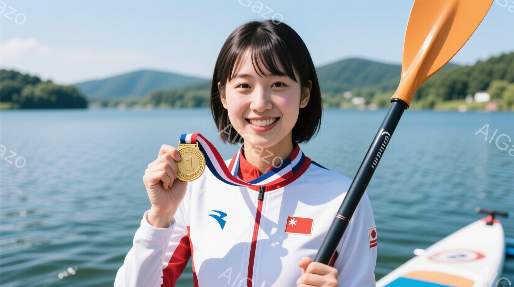 カヌースラローム選手と思われる女性が、金メダルを首から下げて笑顔でこちらを見ている。彼女は、赤と白のパイピングが施された白いジャケットと、日本の国旗が描かれたカヌーに乗っており、背景には緑豊かな山々と穏やかな湖が広がっている。晴天で、全体的に明るく、達成感と喜びを感じさせる雰囲気である。