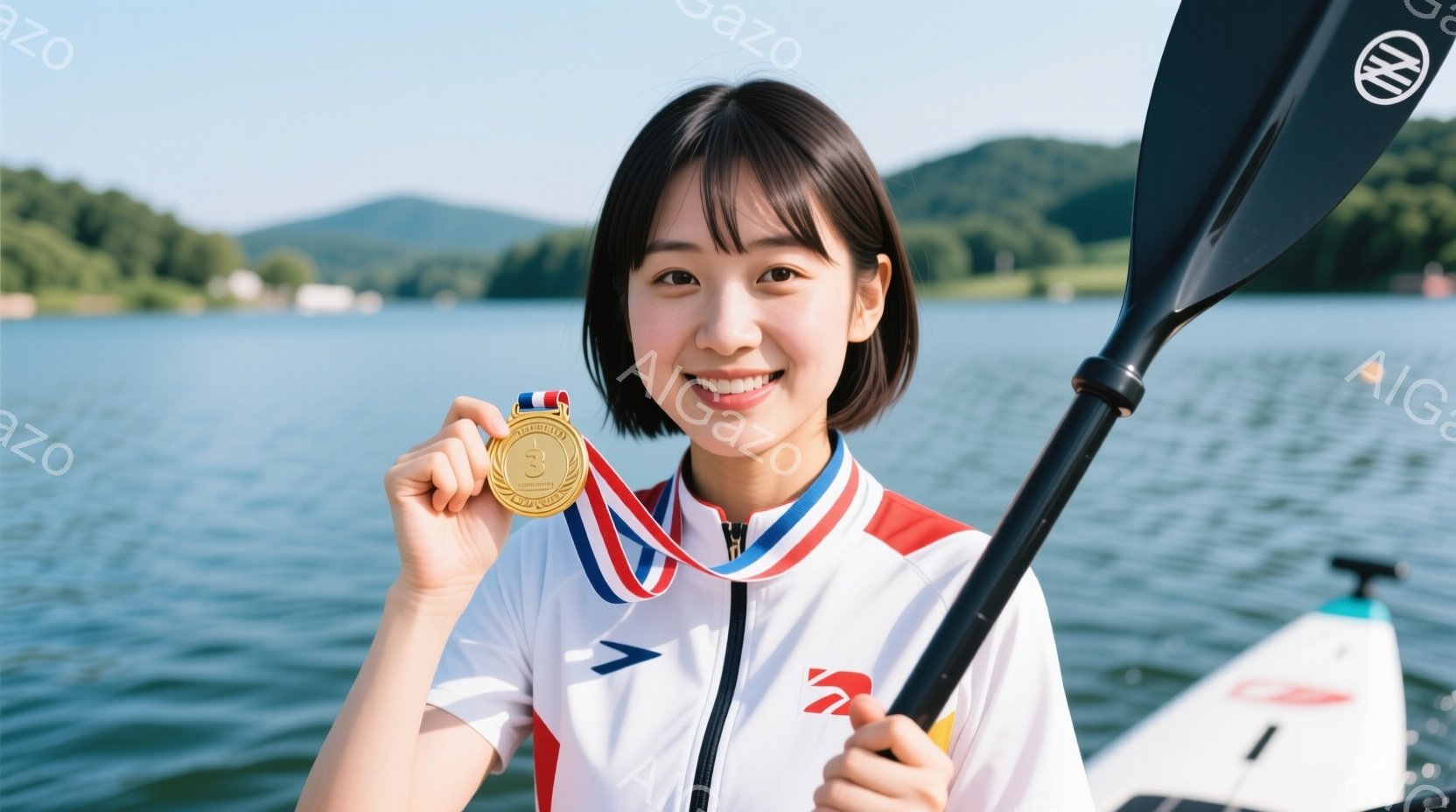 カヌー競技の女性選手が、金メダルを首にかけ、満面の笑みを浮かべている。白いジャケットと赤いトリミングが施されたウェアを着用し、黒髪を短くカットしたヘアスタイルをしている。背景には穏やかな湖と緑豊かな山々が広がり、晴天で爽やかな雰囲気が漂う。