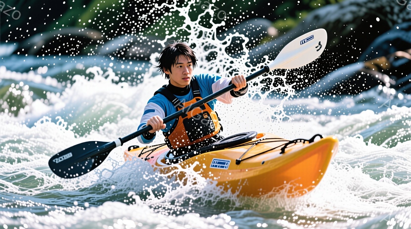 オレンジ色のカヤックに乗った男性が、激しい流れの中を漕いでいる様子が写っている。彼は黒いウェットスーツを着て、髪は少し濡れており、集中した表情で漕ぎ手操作を行っている。背景には緑豊かな自然と、水しぶきが飛び散る荒々しい川の流れが広がり、力強い冒険の雰囲気が漂う。