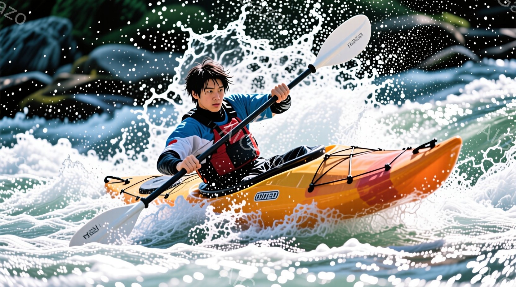 カヤックに乗った若い男性が激しい流れの中を漕いでいる様子が写っている。彼は青い長袖シャツと黒いズボンを着用し、髪は濡れて前髪が少し垂れ下がっている。背景には白波が立ち、水しぶきが飛び散り、躍動感に満ちた雰囲気である。
