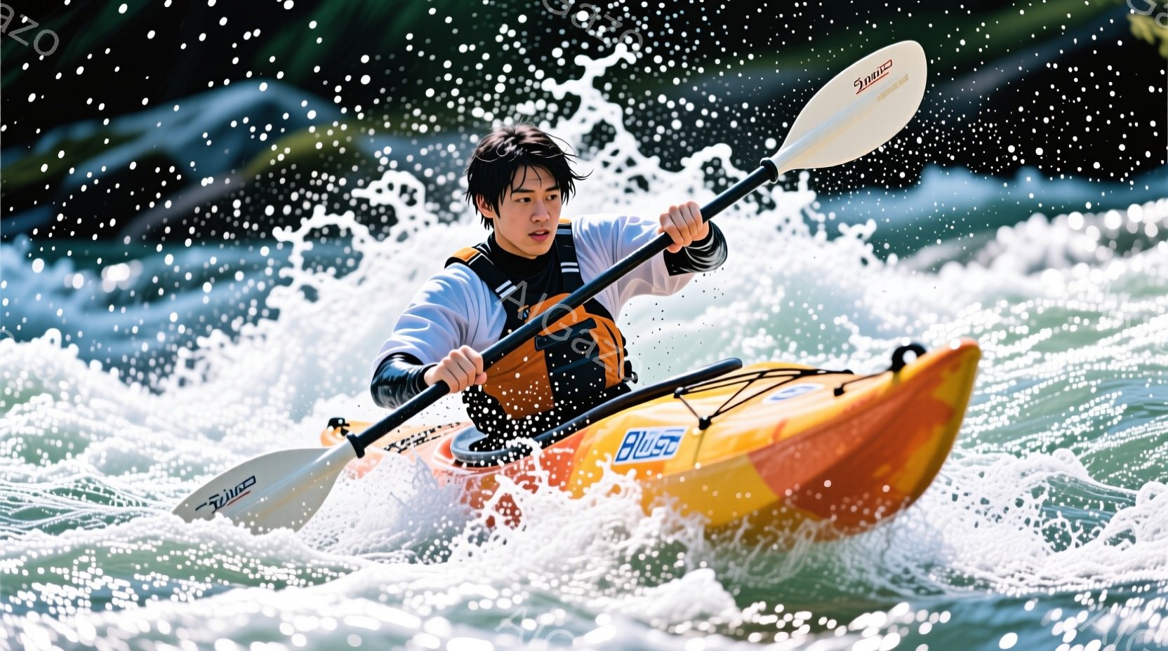カヤックに乗った若い男性が、激しい流れの中を漕いでいる様子が写っている。彼は黒い長袖シャツとオレンジ色のライフジャケットを着用し、短髪で、集中した表情をしている。背景には水しぶきが飛び散り、周囲の緑豊かな自然と合わせて、活気あふれるアウトドアの雰囲気が伝わってくる。