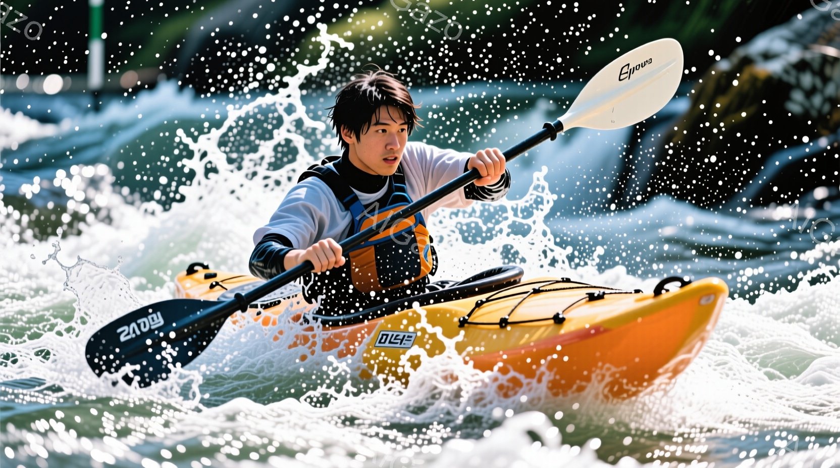 オレンジ色のカヤックに乗った男性が、激しい流れの中を漕いでいる様子が捉えられています。彼は黒いヘアスタイルで、集中した表情で漕ぎ手を操り、水しぶきが周囲に飛び散っています。背景には緑豊かな自然と、ぼんやりと見える建造物があり、躍動感と活気のある雰囲気が伝わってきます。