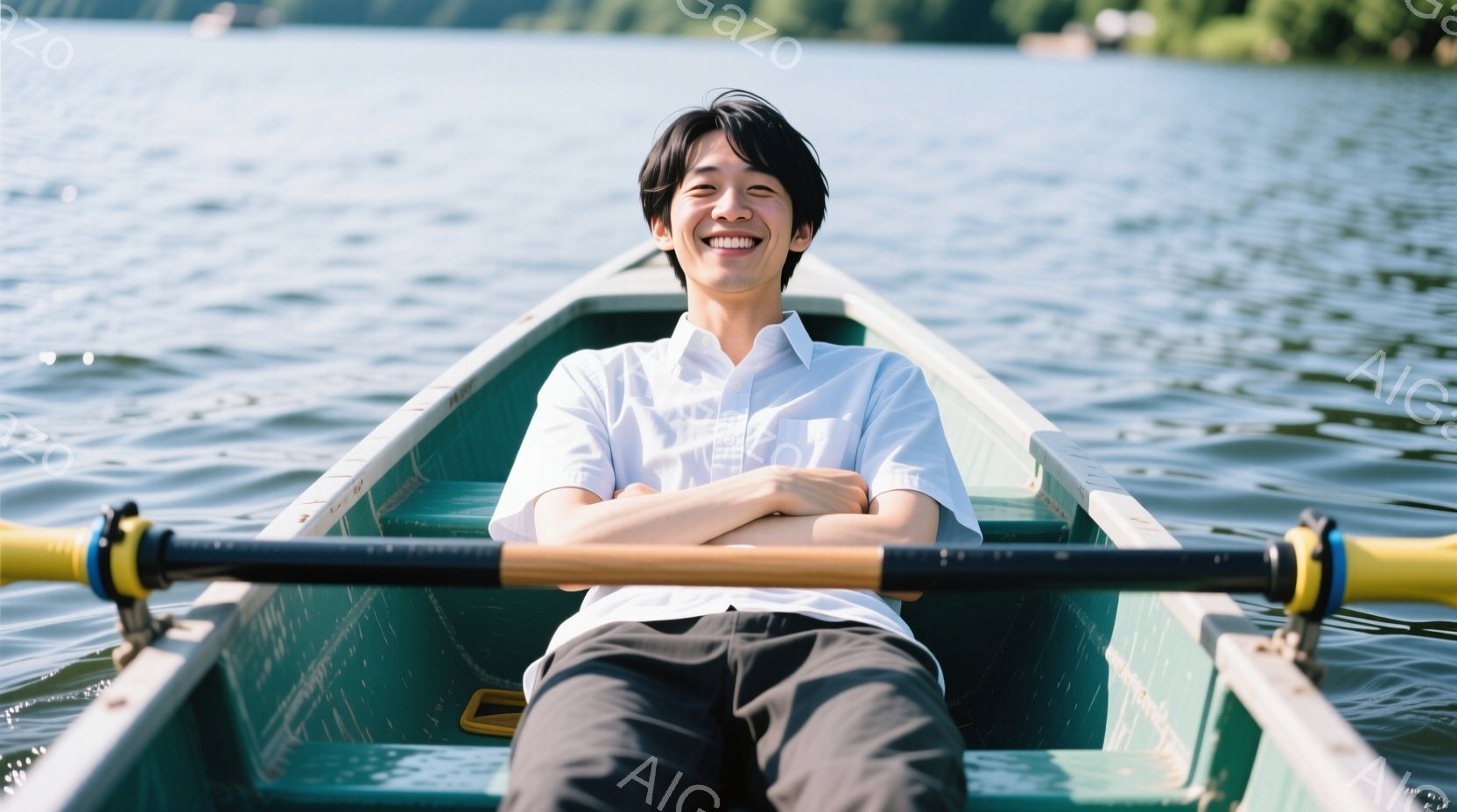 若い男性が緑色のボートに横たわって笑顔を見せています。白いシャツに黒いズボンを着用し、腕を組んでいます。背景には穏やかな水面と緑豊かな自然が広がり、晴れた日の穏やかな雰囲気が漂っています。