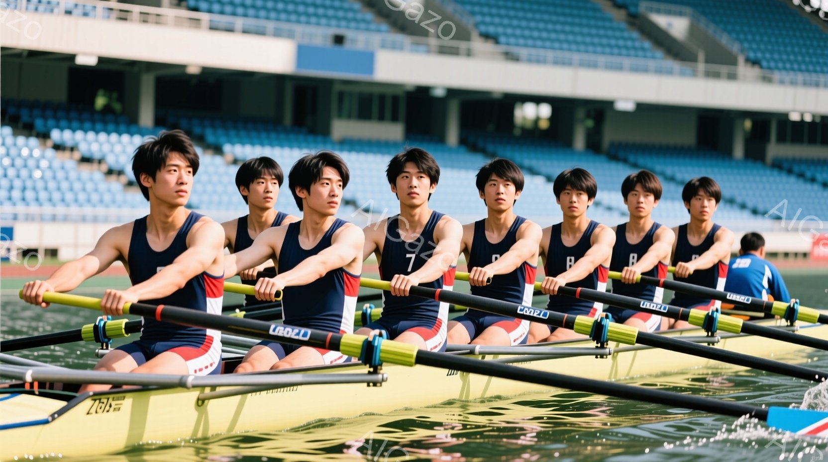 紺色のタンクトップと黒いショーツ姿の若い男性たちが、ボートに乗って一斉に漕ぎを進めている。彼らは集中した表情で前を見据え、力強くオールを操る姿は、チームワークと競技への情熱を感じさせる。背景には観客席と水面が広がり、晴天の下、活気あふれる競技の様子が伝わってくる。