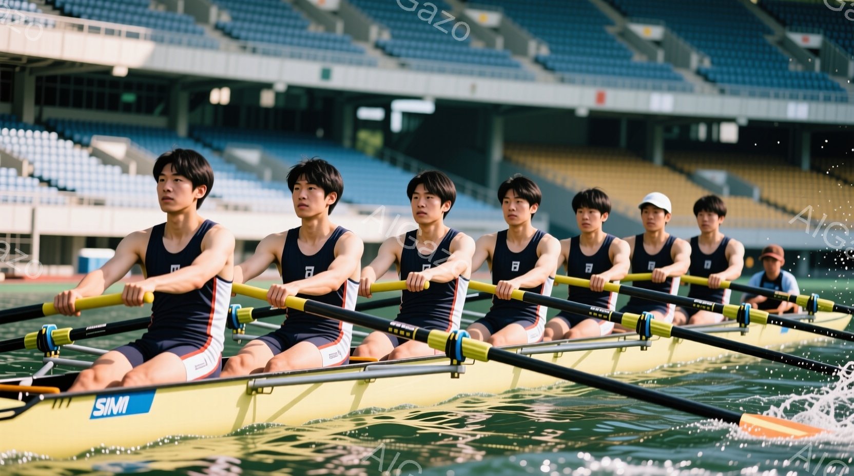 紺色のレーシングボートに乗った5人の若い男性が写っている。彼らは皆、黒髪で、紺色のレーシングスーツと黒い帽子を着用し、真剣な表情でオールを漕いでいる。背景には観客席が見え、水面にはボートが進むにつれて水しぶきが上がっており、晴れた日の競技風景を捉えている。