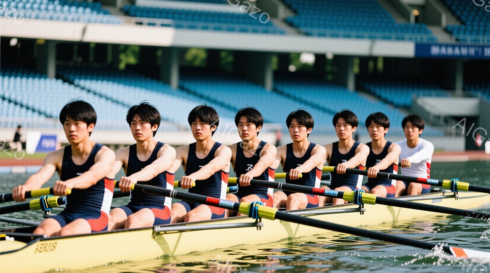 紺色のボートに乗った8人の若い男性たちが、競技に向けて真剣な表情でオールを漕いでいる。彼らは赤いストライプが入った紺色のユニフォームを着ており、短髪で引き締まった体格をしている。背景には青い観客席と水面が広がり、晴れた日の競技会が行われている様子が伺える。