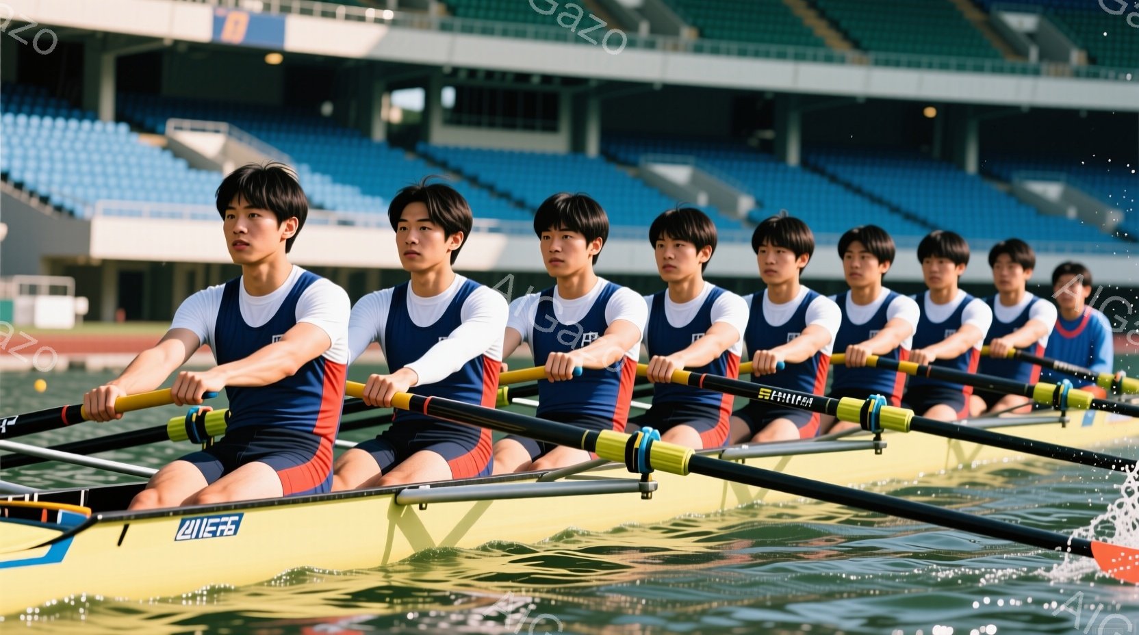 紺色のレーシングボートに乗った、若い男性8人のグループが写っている。彼らは皆、青と白のストライプが入った紺色のユニフォームを着ており、短髪で、集中した表情をしている。背景には観客席が見え、水面には水しぶきが上がり、全体的に力強く、運動的な雰囲気が漂っている。