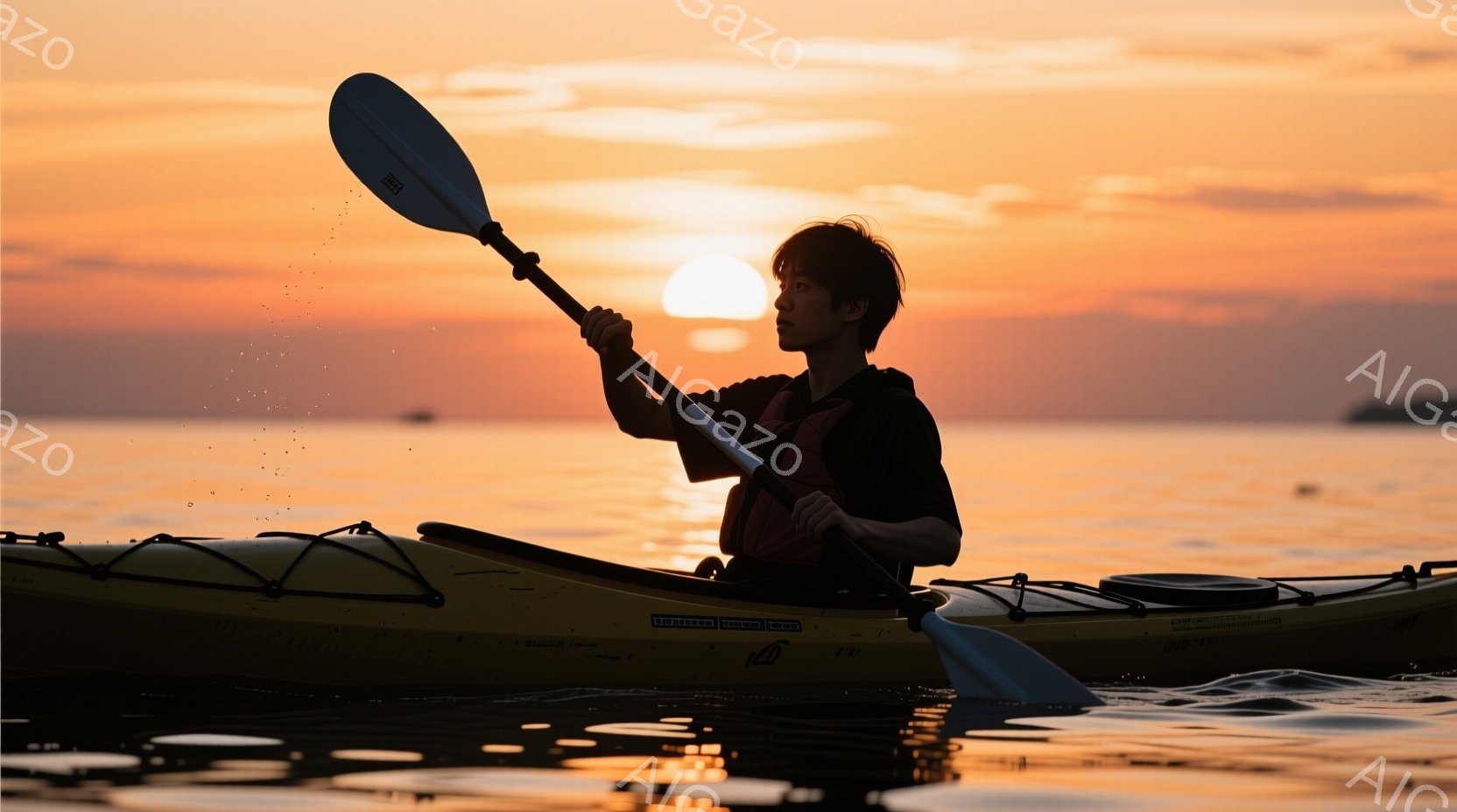 カヤックに乗った若い男性が、夕焼け空の下で漕ぎ進んでいる。彼は黒いTシャツと、おそらく救命胴衣を着用し、短髪で後ろ姿を見せている。背景はオレンジ色に染まった海と空で、穏やかで静かな雰囲気が漂っている。