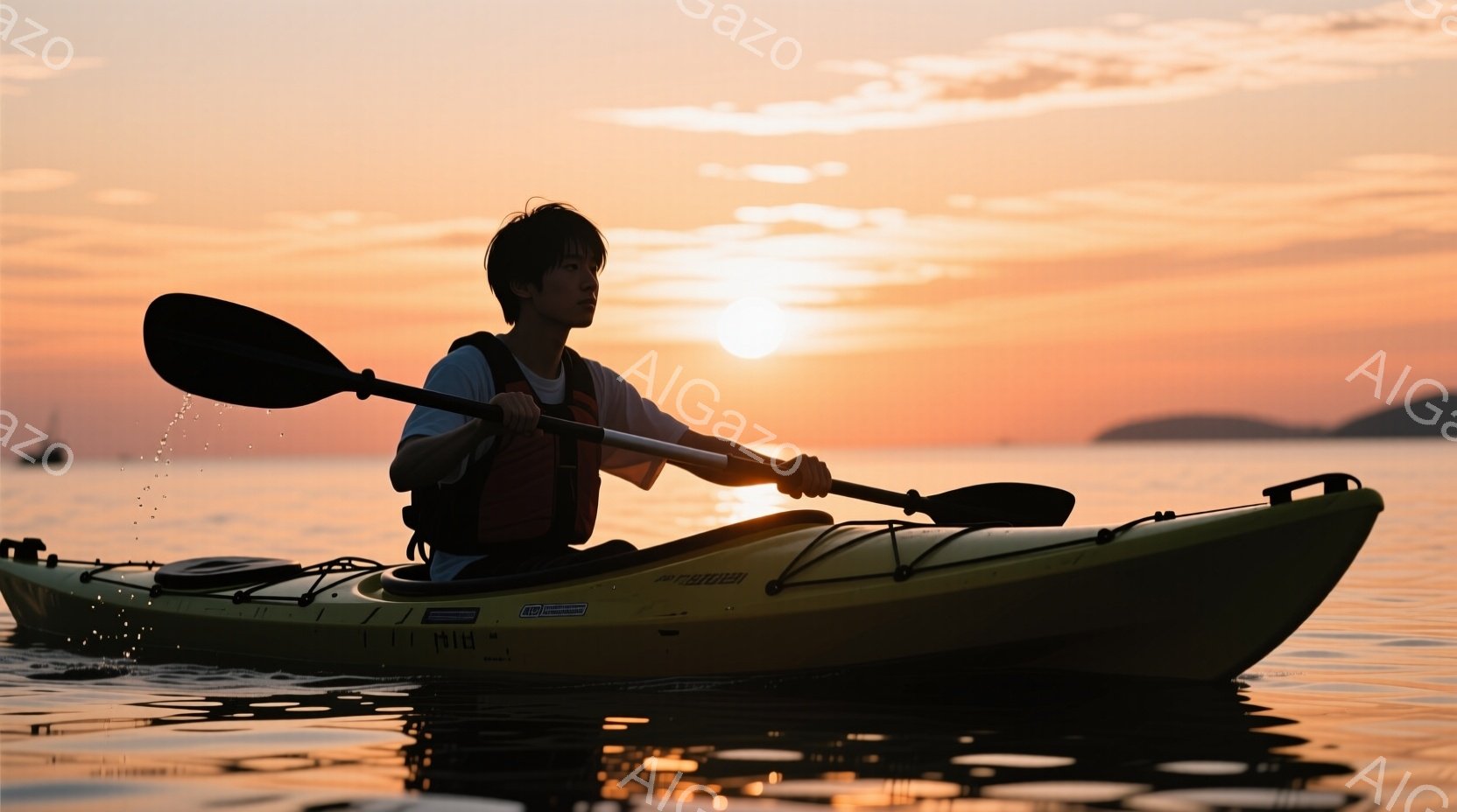 若い男性がオレンジ色のカヤックに乗って海を漕いでいる。彼は黒い髪で、オレンジ色のライフジャケットを着ており、遠くの地平線を向いて集中した表情をしている。背景は夕焼けで、海面は太陽の光でキラキラと輝き、穏やかで静寂な雰囲気を醸し出している。